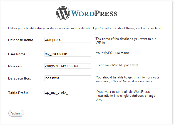 WordPress installation panel